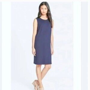 EILEEN FISHER Navy Blue Knit Faux Wrap Sleeveless Shift Dress